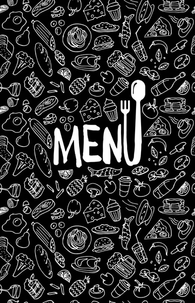 Cafe Restoran menü kapak tasarım şablonu. El çizilmiş gıda Doodle anahat renkli kroki siyah desen ile başlık sayfası. Vektör pişirme illüstrasyon