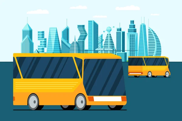 Autonomous driverless unmanned transportation yellow bus vehicle on future city street. Smart cityscape urban transport vector illustration