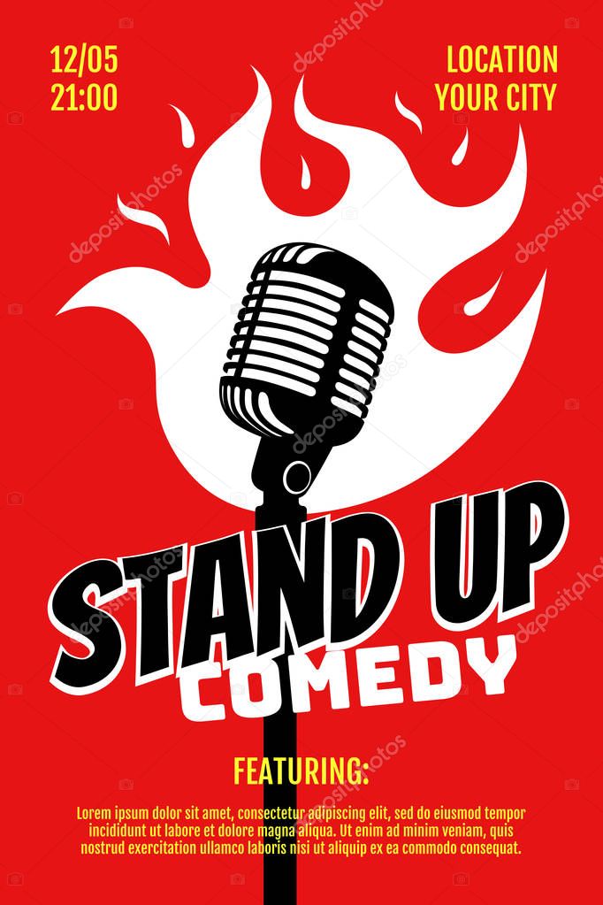 Stand up comedy night live show A3 A4 poster design template. Retro microphone with fire on red background. Hot jokes roast concept flyer. Vector open mic illustration