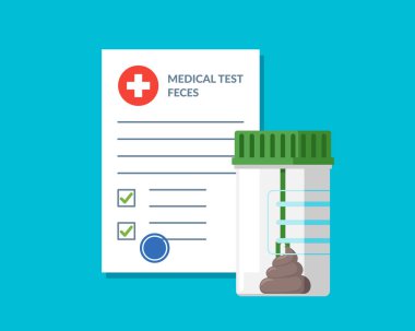 Plastik kavanoz dışkı dışkı test analizi ve sonuçları verileri ve onaylı onay işareti vektör illüstrasyon ile tıbbi form listesi. Klinik kontrol listesi belgesi. Sigorta veya tıp muayene konsepti