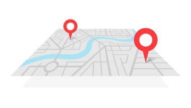Gps pimleri ve A'dan B işaretçisine giden navigasyon rotası ile şehir sokak haritası planı. Vektör gri renk perspektif görünümü izometrik illüstrasyon yer şeması
