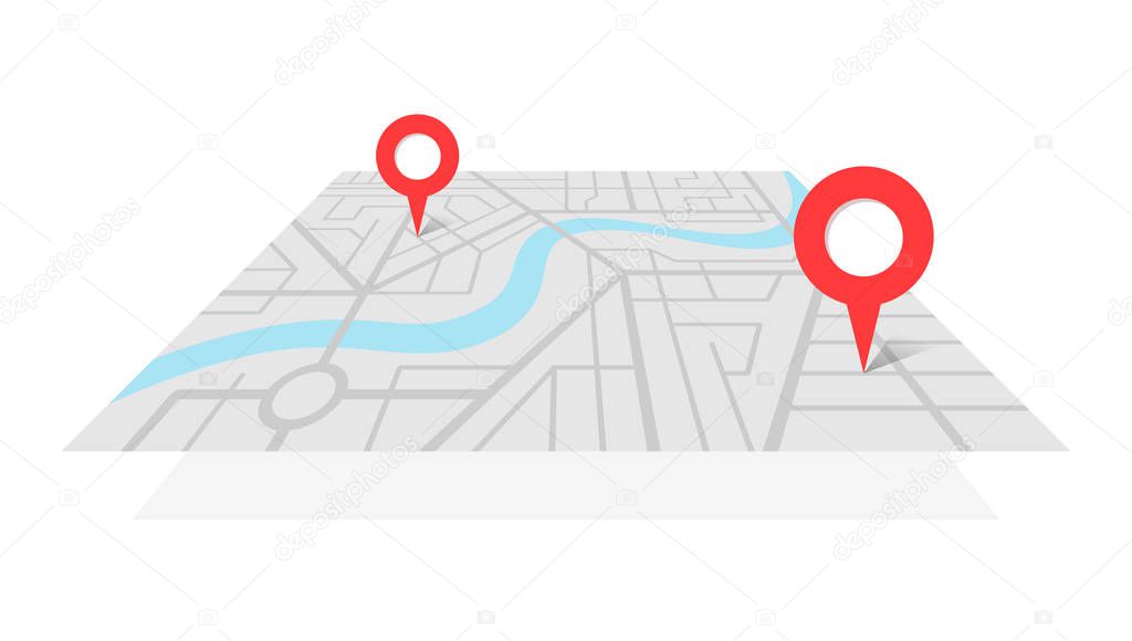 City street map plan with GPS pins and navigation route from A to B point markers. Vector gray color perspective view isometric illustration location schema
