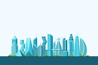 Farklı mimari binalar gökdelenler daire ve ağaçlar ile ayrıntılı gelecek şehir. Fütüristik çok katlı cyberpunk grafik cityscape şehir. Vektör gayrimenkul inşaat illüstrasyon