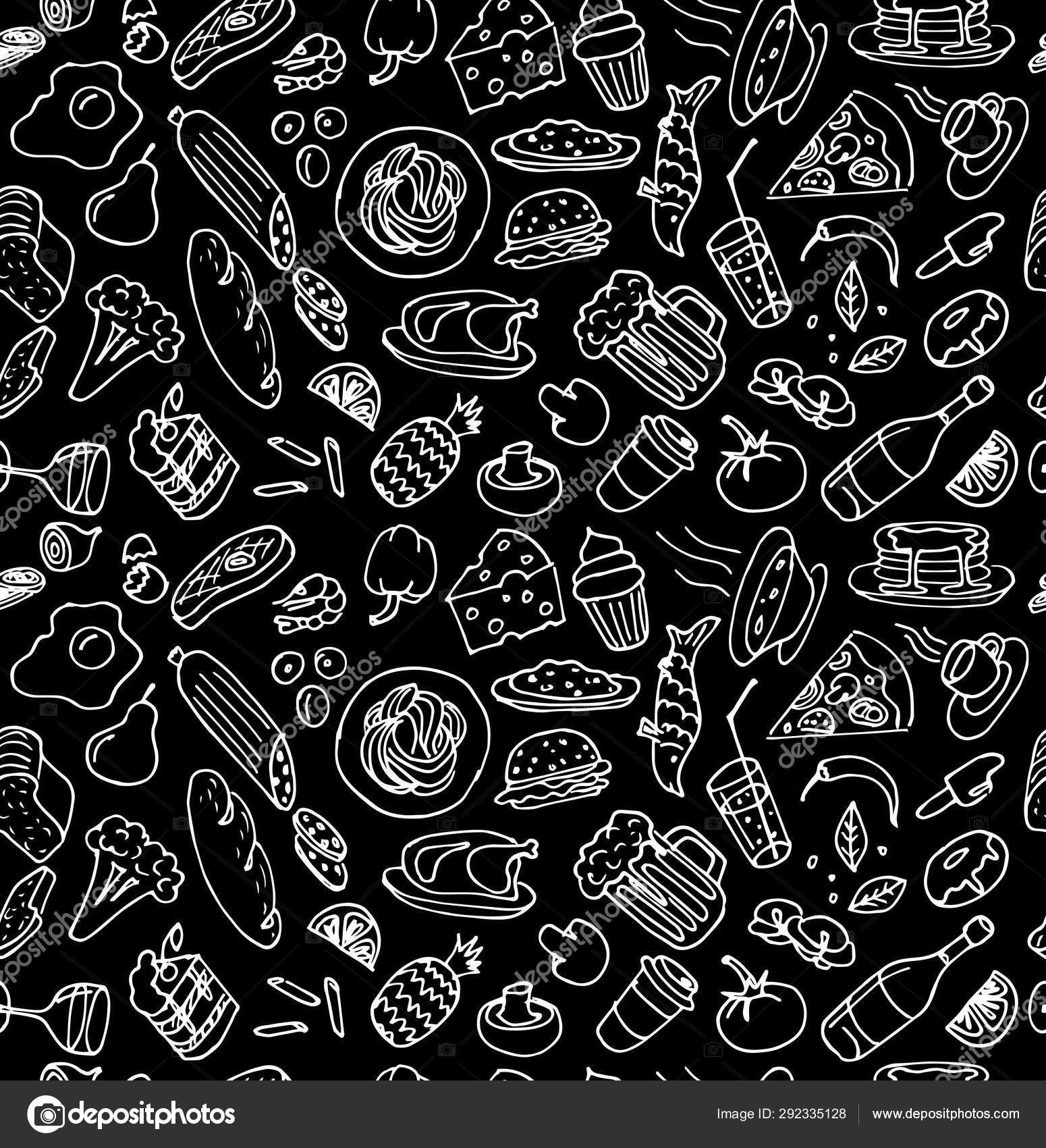 Various hand drawn food cookery dishes doodle outline white chalk sketch  seamless pattern on black background. Vector drawing cooking cartoon art  illustration Stock Vector Image by ©azatvaleev #292335128