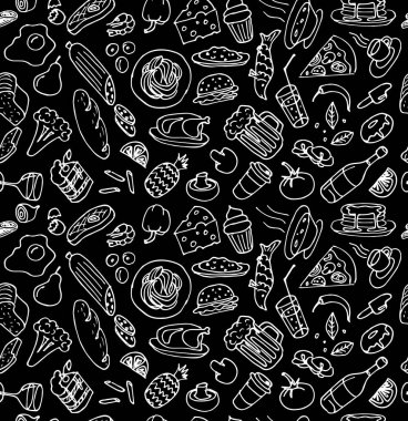 Çeşitli el çizilmiş gıda aşçılık yemekleri siyah arka plan üzerinde beyaz tebeşir kroki dikişsiz desen anahat doodle. Vektör çizim pişirme karikatür sanat illüstrasyon