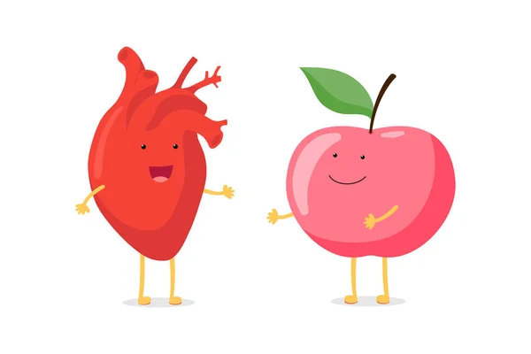 Fort personnage mignon et sain d'organe cardiaque humain heureux avec mascotte de pomme rouge. vecteur plat dessin animé nutrition concept illustration — Image vectorielle