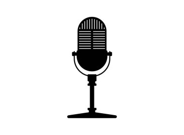 Retro vintage mikrofon vektörü. Mikrofon silueti. Müzik ses kayıt simgesi. Kayıt stüdyosu mike sembolü. Beyaz arka planda vektör çizimi