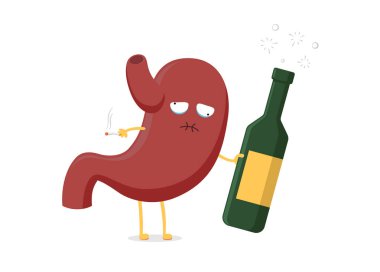 Alkol şişesi ve sigara ile Üzgün sağlıksız hasta sarhoş mide karakteri. İnsan sindirim sistemi sağlıksız karikatür organ hazımsızlık. Vektör çizimi