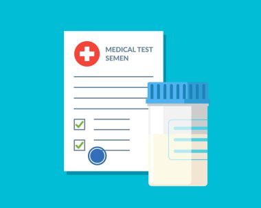 Plastik kavanoz sperm menis test analizi ve sonuçları verileri ve onaylı onay işareti vektör illüstrasyon ile tıbbi form listesi. Klinik kontrol listesi belgesi. Sigorta veya tıp muayene konsepti
