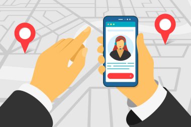 Mobil ekranda taşıma izleme izleme uygulaması destek asistanı avatar ve yolda geotag navigasyon konum pimleri ile şehir haritası ile el tutma akıllı telefon. Vektör çizimi