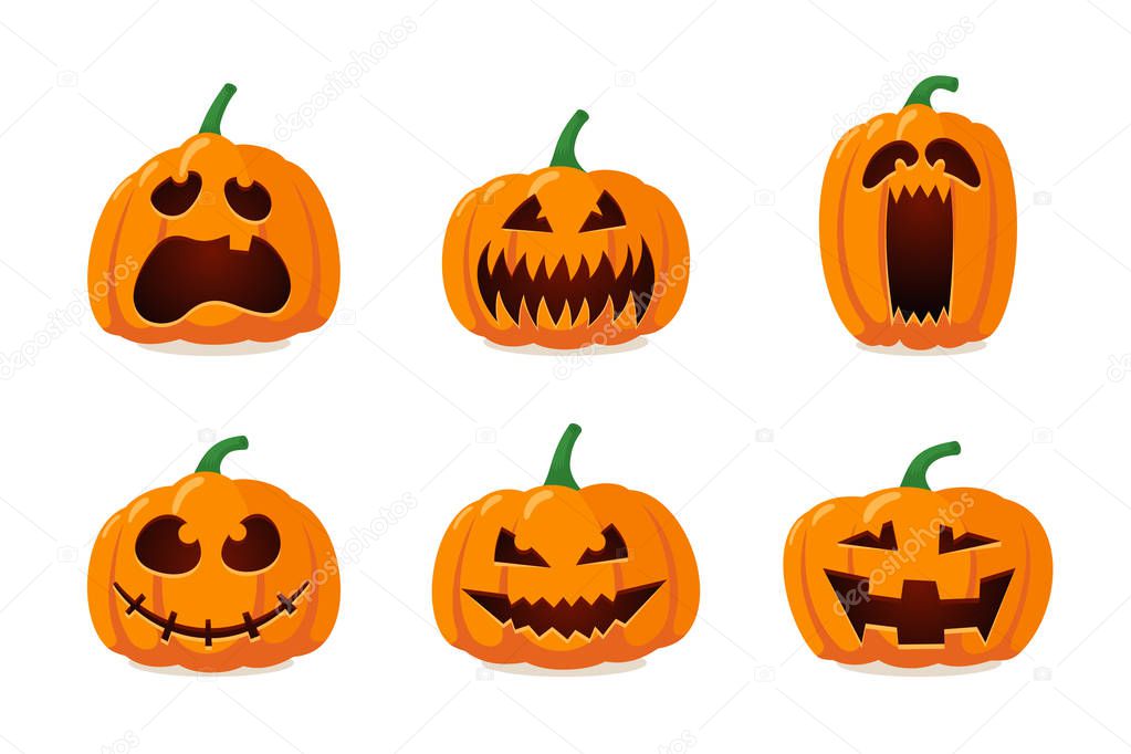 Halloween monster jack lantern orange pumpkin carved glowing scary face set on white background. Holiday cartoon character collection for celebration design. Vector spooky illustration