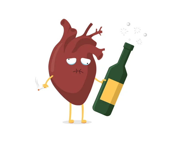 Sad unhealthy sick cartoon heart character with alcohol bottle and cigarette. Human circulatory organ mascot pain emotion. Vector illustration