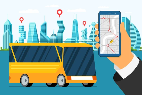 Modèle de conception de bannière de visite de bus de ville. Véhicule urbain avec application cartographique sur écran de smartphone. Transport public route de la circulation rurale. Illustration de voyage vectoriel — Image vectorielle