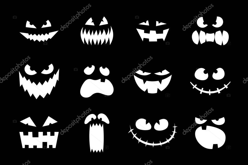 Halloween monster jack lantern pumpkin carved glowing scary face set on black background. Holiday cartoon character collection for celebration design. Vector cartoon horror spooky illustration