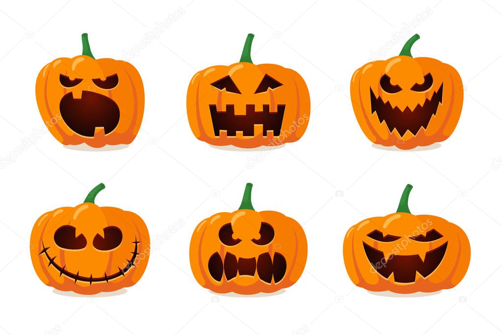 Halloween monster jack lantern orange pumpkin carved glowing scary face emotion set on white background. Holiday cartoon character collection for celebration design. Vector spooky illustration