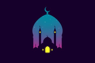 İslam için ay ve soyut ışık ile gece gökyüzünde Cami silueti. Kutsal bayram bayram arka planı. Ramazan kareem camiler ile tebrik kartı. Vektör illusrtation