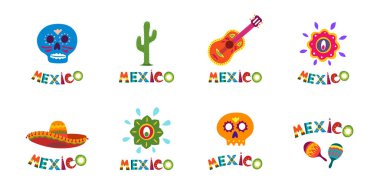 Renkli metin süsleme seti ile Meksika tipografi afiş koleksiyonu. Ulusal bayram kutlama etkinliği için ideal festival meksika sombrero ve kaktüs vektör illüstrasyon