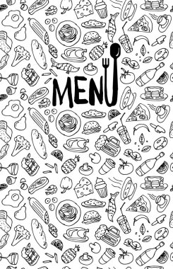 Cafe restoran menüsü tasarım şablonu kapsamaktadır. El çizilmiş gıda doodle beyaz arka plan üzerinde renkli kroki deseni anahat ile Başlık sayfası. Vektör pişirme elemanı illüstrasyon