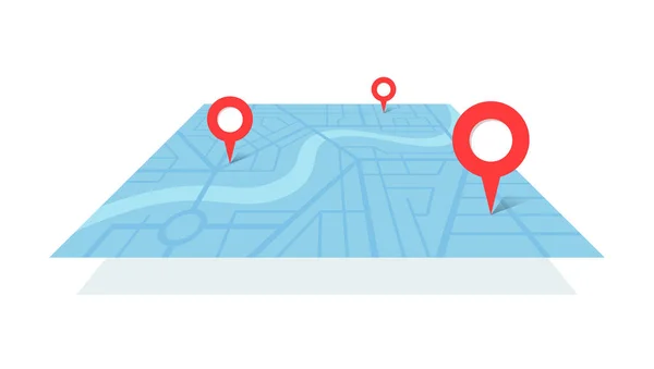 Gps yer pimleri ve A'dan B işaretçisine giden navigasyon rotası ile şehir sokak haritası planı. Vektör mavi renk perspektif görünümü izometrik illüstrasyon yer şeması — Stok Vektör