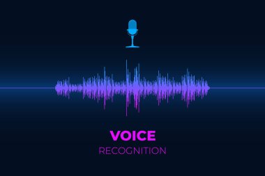 Kişisel ses asistanı ve ses tanıma sistemi kavramı. Parlak degradeli ekolayzır dalgasına sahip mikrofon düğmesi. Soundwave akıllı akıllı ai teknolojileri vektör illüstrasyon