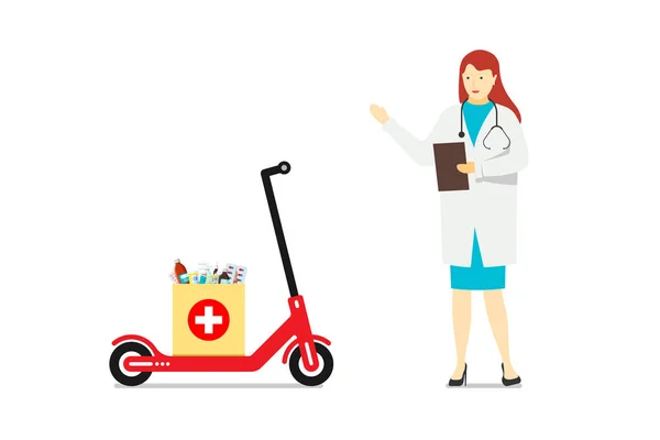 Medische levering apotheek. Witte vrouw arts in uniforme jurk met stethoscoop staan naast rode elektrische scooter met medicijnen supplies pillen tabletten doos. Geneeskunde vector illustratie — Stockvector