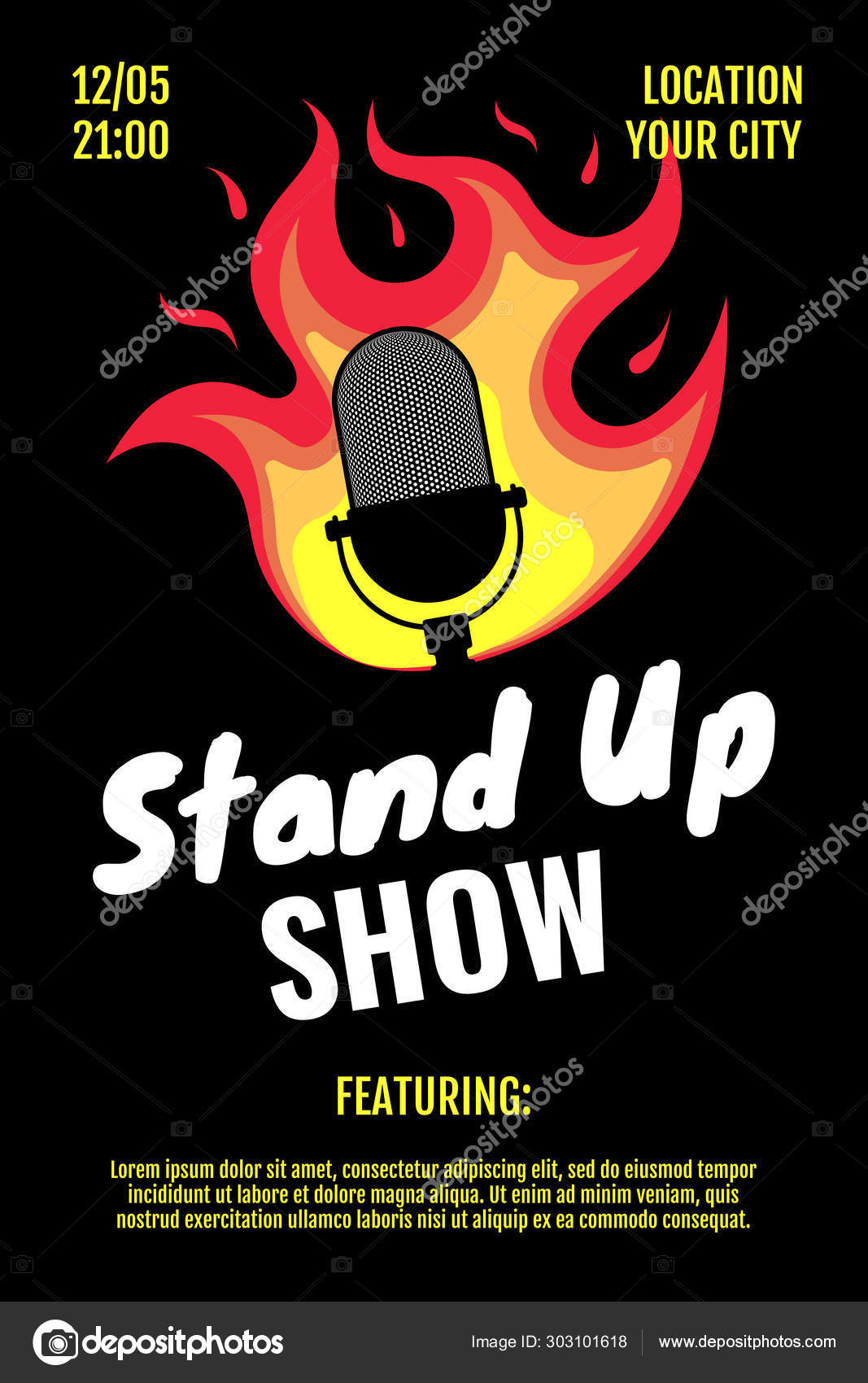 Stand up comedy night live show A3 A4 poster design template. Retro  microphone on fire on black background. Hot jokes roast concept flyer.  Vector burning open mic stage illustration Stock Vector Image