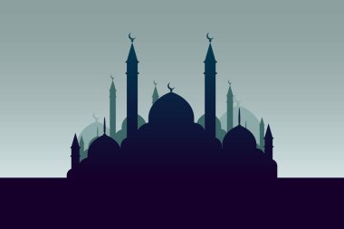 İslam için Yakın ve Uzak Doğu'da cami silueti ile Arap Müslüman şehir. Kutsal bayram bayram arka planı. Ramazan kareem tebrik kartı. Vektör illusrtation