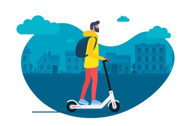 Sırt çantası ile genç erkek karakter modern kentsel ulaşım elektrikli tekme scooter binmek. Aktif hipster yetişkin bin yaşam tarzı ekoloji teknolojileri kullanır. Şehir manzarasında vektör illüstrasyon gençlik