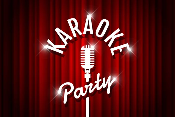 Karaoke Party Night Live show open mic op een leeg theater podium. Vintage microfoon tegen rode gradiënt gordijn draperen achtergrond. Retro Vector Art stage afbeelding illustratie — Stockvector