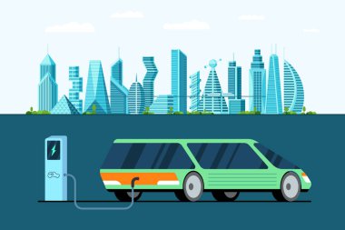Yeşil elektrikli araba gelecek şehirde yakıt ikmali güç şarj istasyonu nda arka yan görünümü. Modern e-araç teknolojisi ve çevre bakım konsepti. Kentsel elektrik vektör illüstrasyon