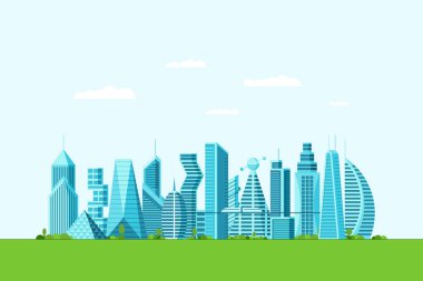 Farklı mimari binalar gökdelenler daire ve yeşil ağaçlar ile ayrıntılı gelecek eko şehir. Fütüristik çok katlı grafik cityscape şehir. Vektör gayrimenkul inşaat illüstrasyon