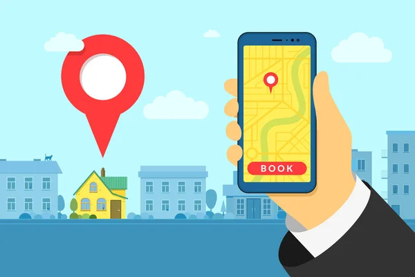 ホテルやホステルでスマートフォンを手持ちし、オンラインで予約。住宅の建物の外側の位置ピン。都市地図や都市景観の背景上のGPSポイントを検索するモバイルアプリ。ベクトルイラスト — ストックベクタ