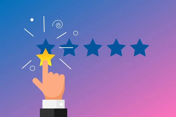 Online feedback reputatie slechte kwaliteit Klantbeoordeling concept platte stijl. Zakenman hand vinger wijzend 1 1 gouden sterren rating op gradiënt achtergrond. Vector negatieve ranking illustratie — Stockvector