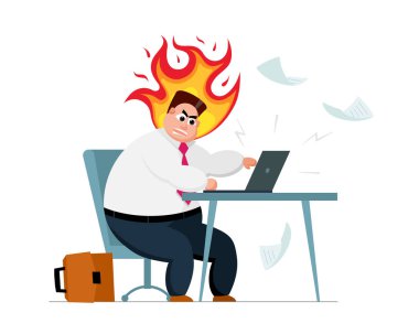 Kızgın yanık şişman ofis işçisi işadamı işyeri ezme. Stres ve öfke öfkeli çalışan sinir krizi stres kariyer sorunları iş tükenmişlik kavramı. Negatif ifade illüstrasyonu