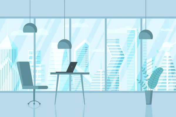 Lege moderne business CEO kamer ontwerpwerk plek. Creatieve kantoorruimte met grote Window desktop laptop en meubels in het interieur. Vector illustratie — Stockvector