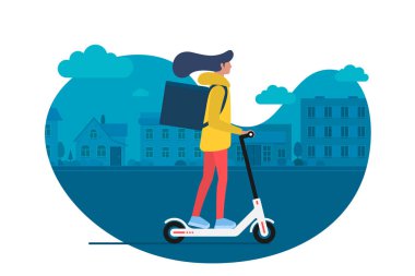 Teslimat genç kadın kurye paket ürün kutusu ile elektrikli kick scooter sürme. Şehir caddesinde hızlı nakliye hizmeti konsepti. Vektör illüstrasyon aktif yetişkin milenyum cityscape üzerinde