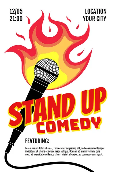 Stand Up Comedy Night Live-Show a3 a4 Plakatentwurf Vorlage. Mikrofon in Flammen auf weißem Hintergrund. heiße Comic-Witze braten Konzeptflyer. Vektor Spaß brennt Open-Mikrofon-Bühne Illustration — Stockvektor