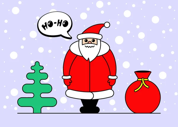 Bonito desenho animado kawaii Papai Noel personagem para o Natal e Feliz Ano Novo celebração. Doces férias de inverno cartão de saudação com abeto saco do presente e neve. Ilustração de cartaz de inspiração vetorial —  Vetores de Stock