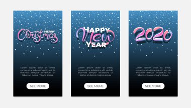 Mutlu Yıllar 2020 ve Merry Christmas metin el akrilik kaligrafi blogger hikayeleri afiş tasarım şablonu çizilmiş. Tatil tipografi tebrik hediye hikaye düzeni poster seti. Vektör çizimi