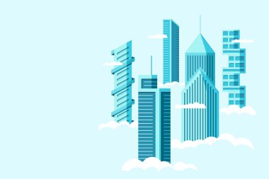 Farklı mimari yüksek binalar gökdelenler bulutlar üzerinde daireler ile ayrıntılı gelecek şehir. Fütüristik grafik şehir manzarası kasabası. Vektör gayrimenkul inşaat illüstrasyon