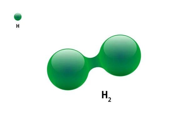 Chemistry model of molecule hydrogen H2 scientific element. Integrated particles natural inorganic 3d molecular structure compound. Two green volume spheres vector illustration isolated — Stock Vector