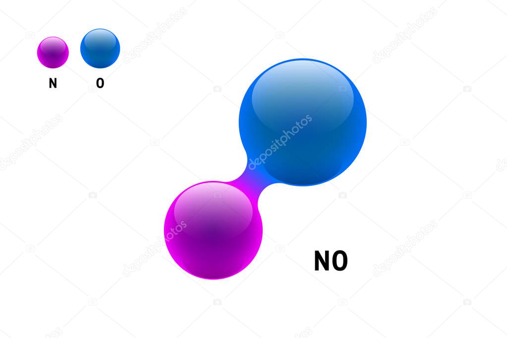 Chemistry model molecule nitrogen oxide NO scientific element. Integrated particles natural inorganic 3d nitric oxygen monoxide molecular structure consisting. Two volume atom vector spheres