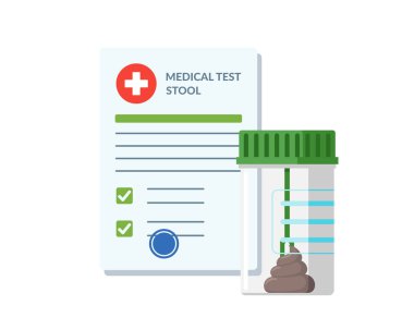 Plastik kavanoz dışkısı test analizi ve tıbbi laboratuvar boş form listesi. Sonuçlar ve onay işaretli vektör illüstrasyonu. Klinik belge. Sigorta muayenesi konsepti