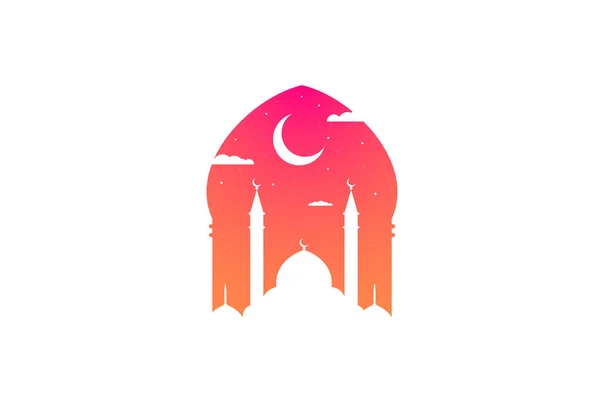 Moschee Silhouette in der Morgendämmerung oder Sonnenaufgang Himmel mit Mond und abstraktes Licht für den Islam. heiliges Fest eid traditionelles Design. Ramadan Kareem Grußkarte mit Moscheen. Vektorarabische Illusion — Stockvektor