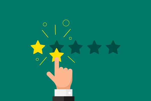 Online feedback reputatie slechte kwaliteit klant review concept platte stijl. Zakenman hand vinger wijzen 2 twee gouden ster rating op groene achtergrond. Vector rang stemming resultaat illustratie — Stockvector