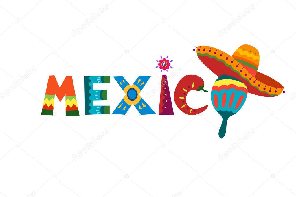 Mexico word in Mexican traditional ornament text for festive card or invitation design. Bright element sun with fiesta style chilli and sombrero. Colorful ethnic vector illustration