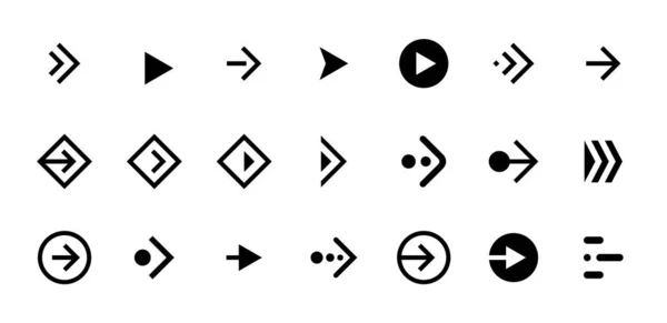 Passe a seta botão preto direito conjunto de ícones. Aplicação e rede social rolar pictograma cursor para web design ou aplicativo. Navegação vetorial próxima direção ponteiro ui interface coleção ilustração —  Vetores de Stock