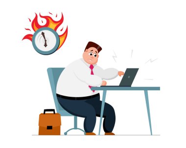 Fazla mesai, ofis işi konsepti. Stresli erkek ofis çalışanı karakteri iş yerinde dizüstü bilgisayar ve saatle oturuyor. Zaman yönetimi vektör illüstrasyonu