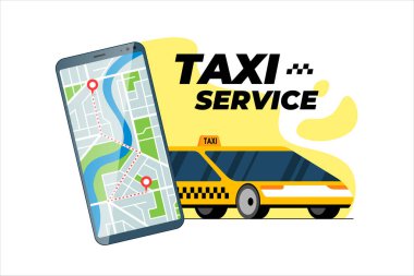 Taksi aktarım güzergahı ve coğrafi konumlandırma GPS 'li akıllı telefon haritada varış adresi var. Çevrimiçi taksi servisi mobil uygulama konsepti. Sarı taksi konum belirleme uygulaması çizimi al