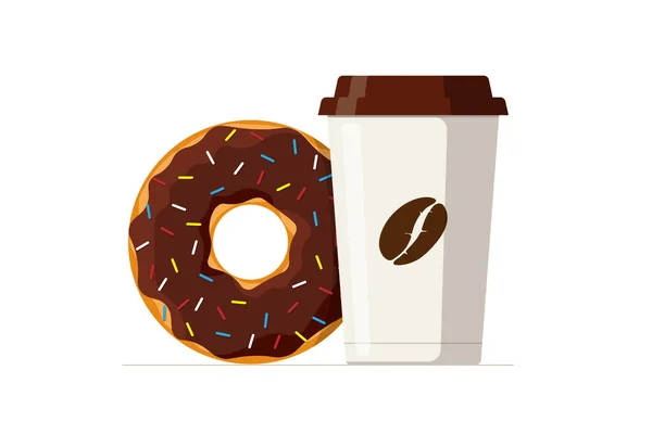 Dibujos Animados Colorido Sabroso Donut Chocolate Taza Café Papel Desechable — Vector de stock